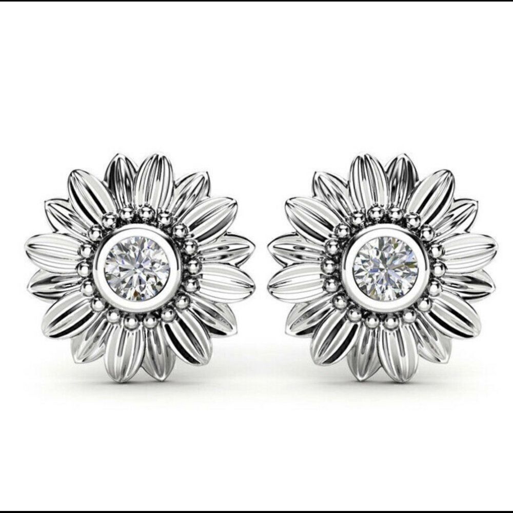 + 18k White Gold Plated CZ Diamond Sunflower Earrings